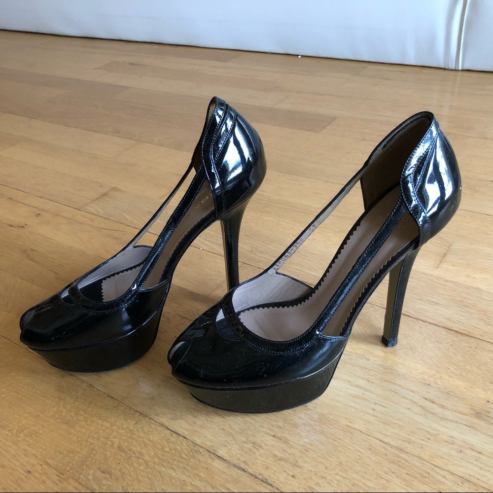 Emporio Armani Black Patent Leather Peep Toe Heels